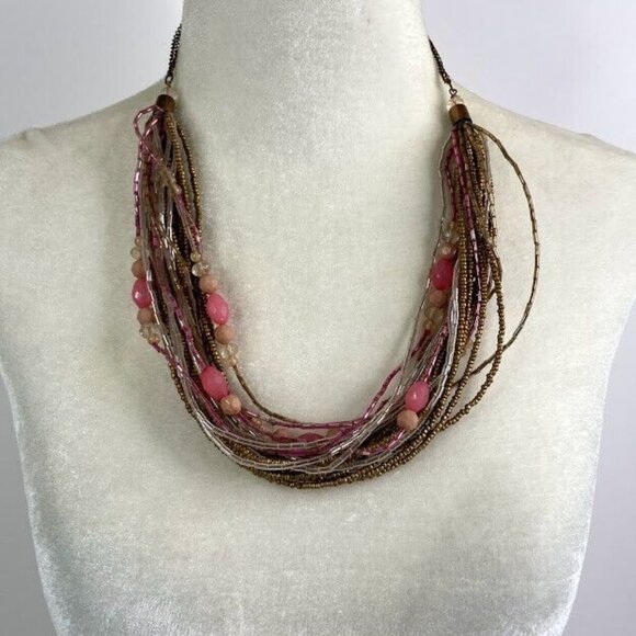 Beaded Necklace Multi Strand Twisted Seed Bead Pink Clear Gold Tone Statement - Picture 1 of 10